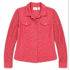 Chico's Linen Jacket Size 1 (US M) Coral Lace Sleeve Button Front
